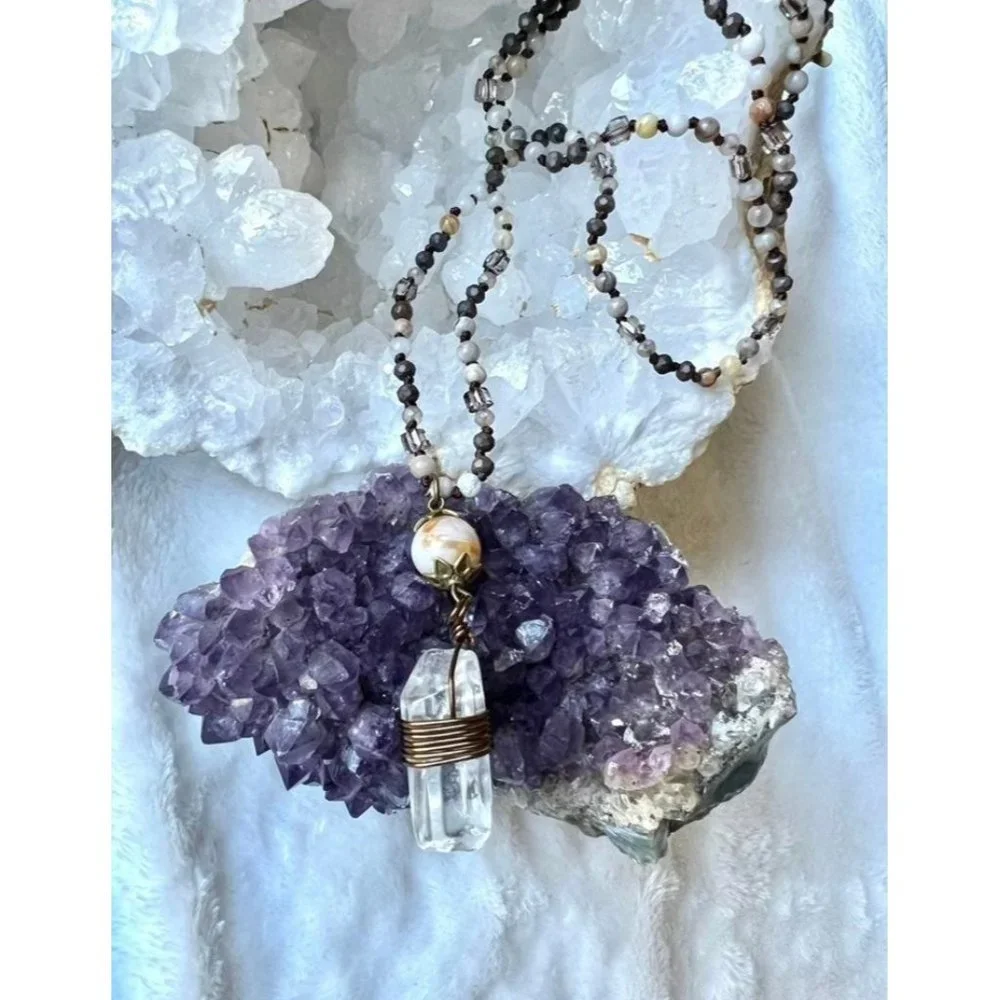 Jasper + Clear Quartz Boho Mala Necklace - Picture 1 of 8